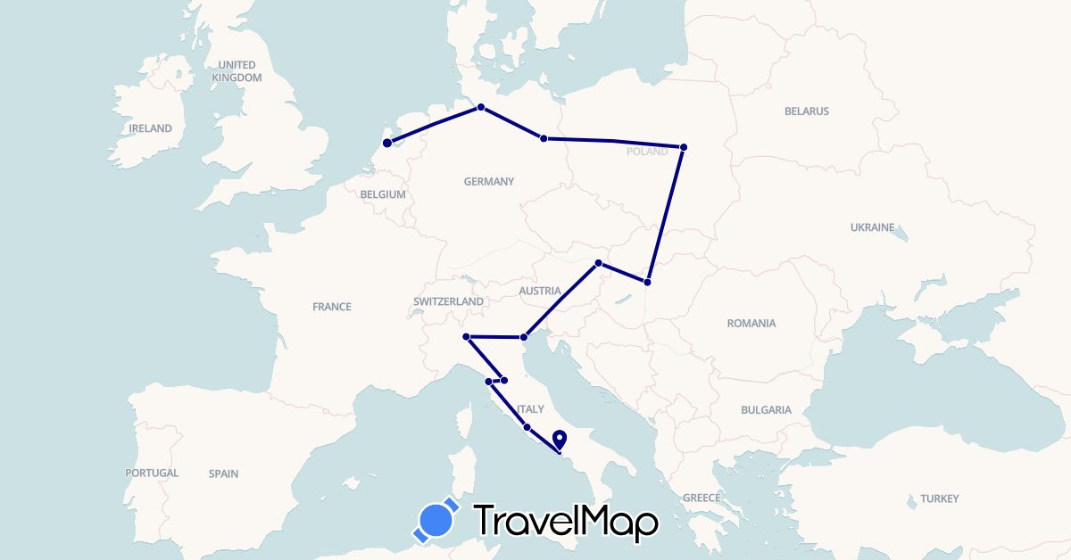 TravelMap itinerary: driving in Austria, Germany, Hungary, Italy, Netherlands, Poland (Europe)